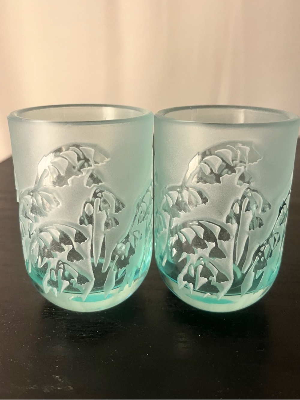VTG Blue Satin Art Glass Relief Cut to Clear Lily of the Valley Frosted Votive